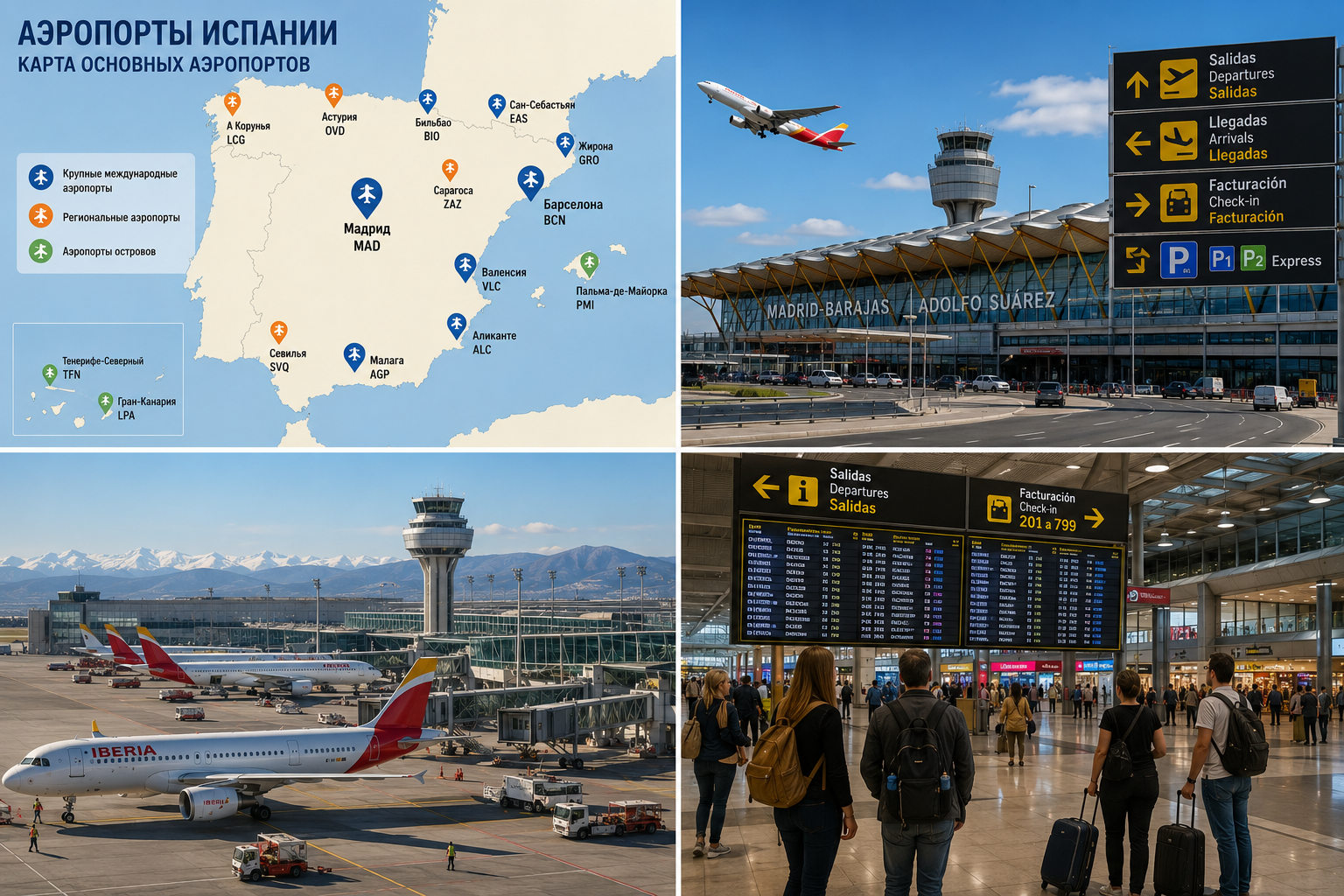Современный пассажирский самолёт над терминалом крупного аэропорта Испании с указателями городских направлений
