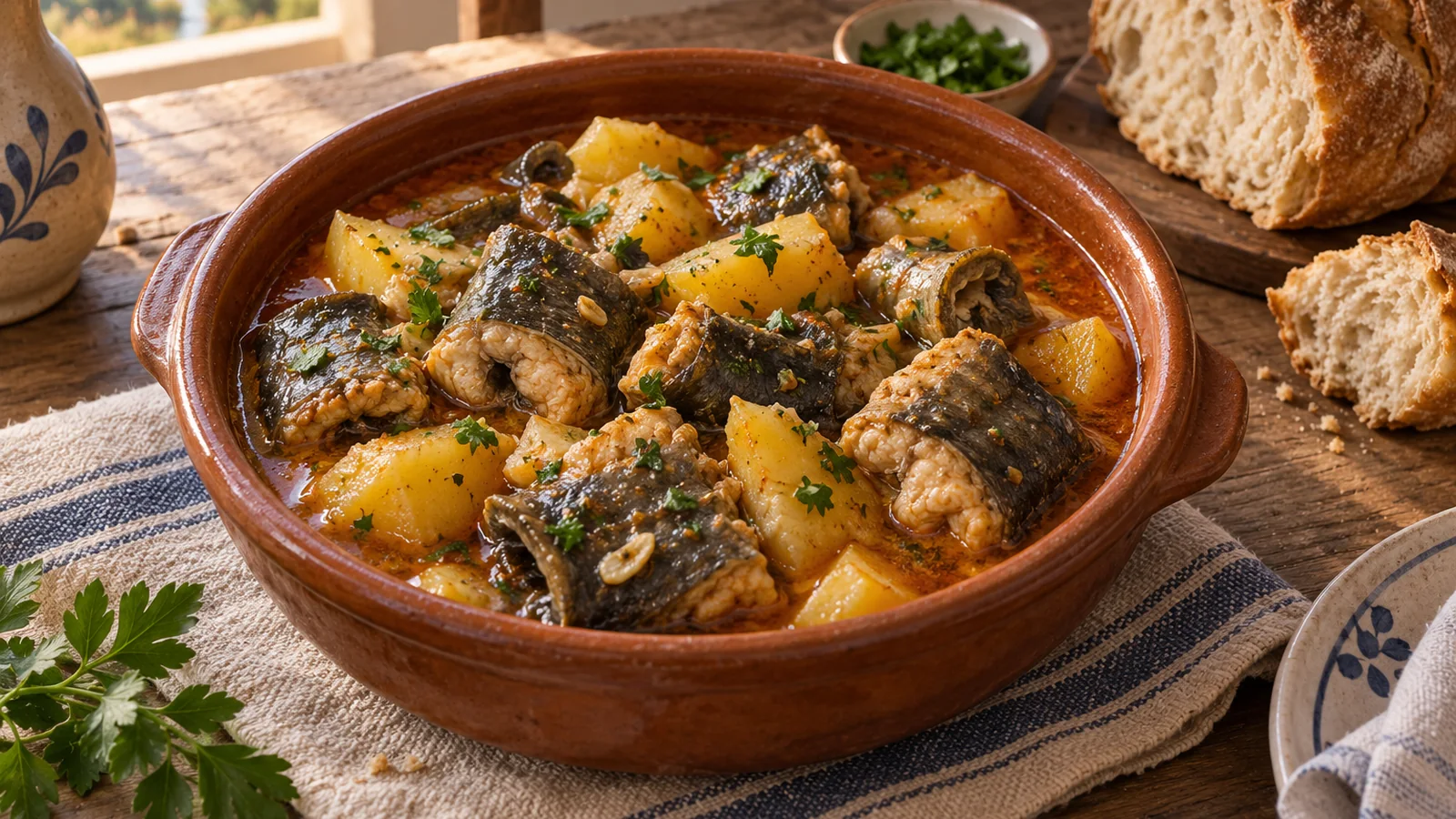 Валенсийское рагу ай-и-пебре из угря и картофеля в глиняной кастрюле