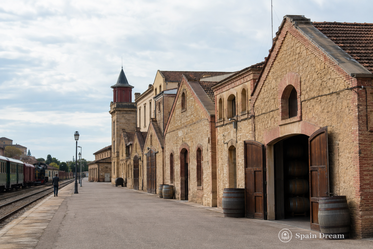 Исторические винодельни Barrio de la Estación в Аро рядом с железной дорогой и зелёными виноградниками