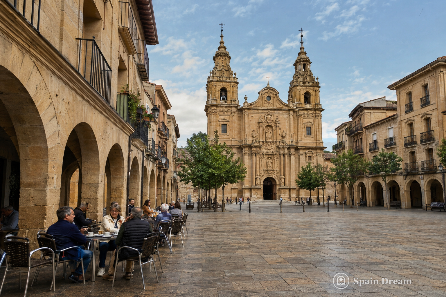 Plaza de la Paz в Аро с историческими фасадами, аркадами Ayuntamiento и оживлёнными террасами