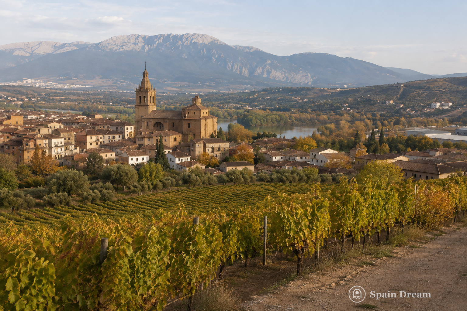 Панорама Аро в Ла-Риохе с историческим центром, виноградниками и холмами Rioja Alta