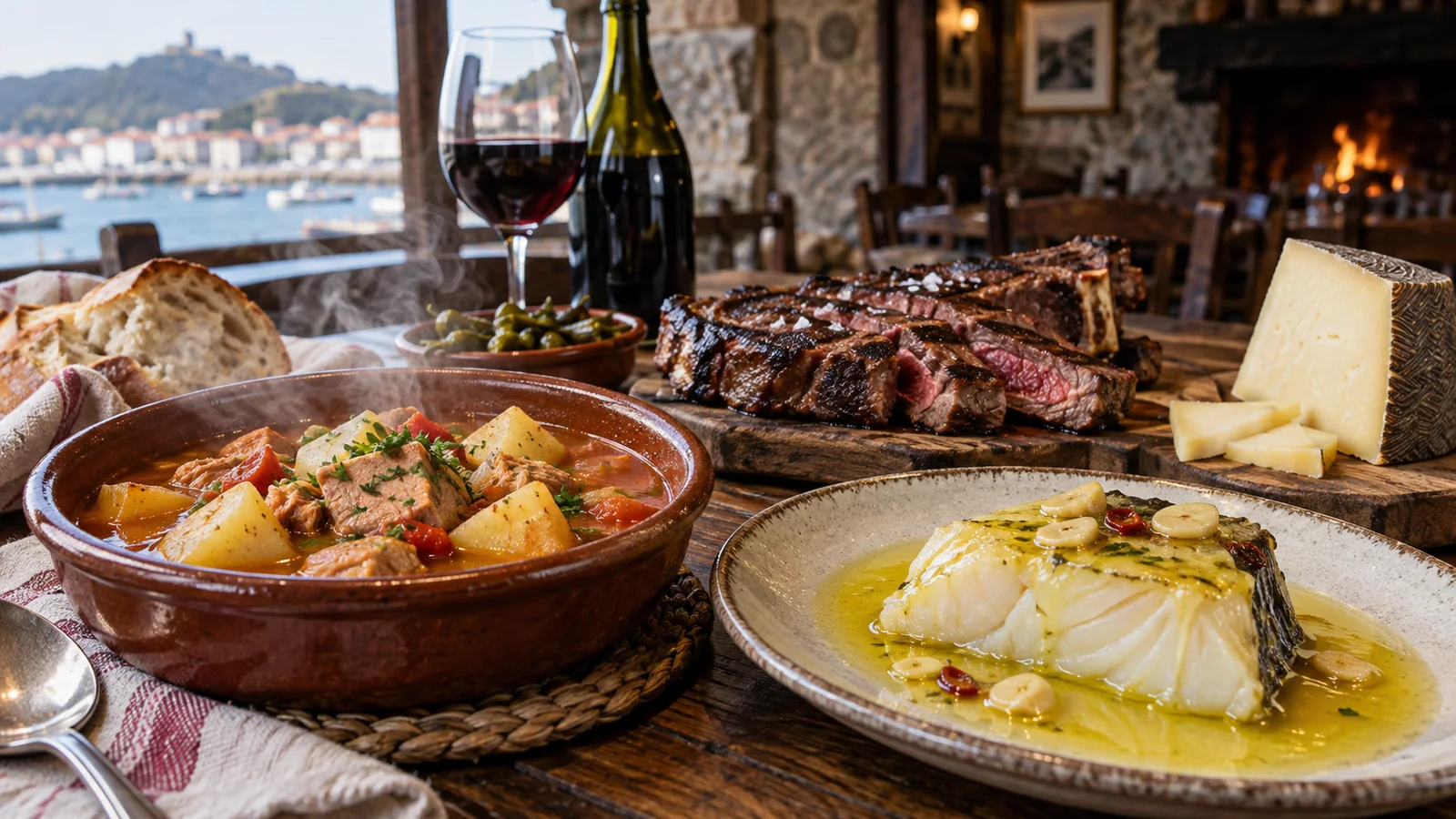 Баскский стол с мармитако, треской в соусе, мясом на гриле и сыром Идиасабаль