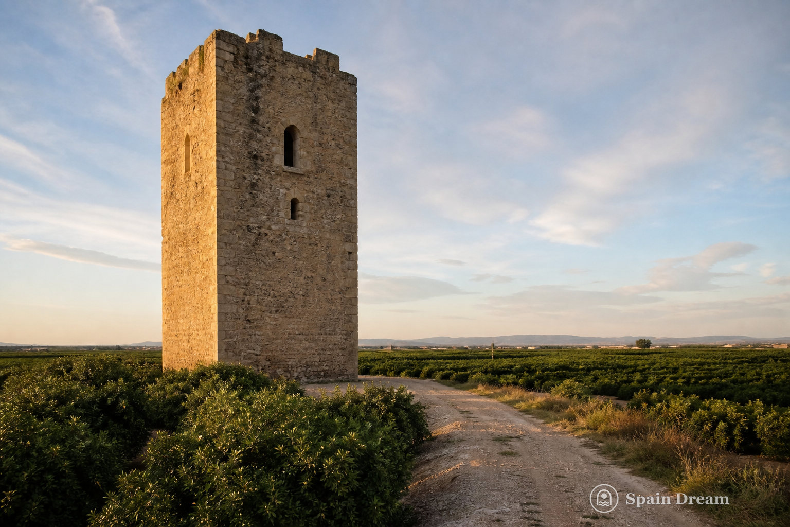 Средневековая Torre de Mussa среди апельсиновых садов возле Бенифайо
