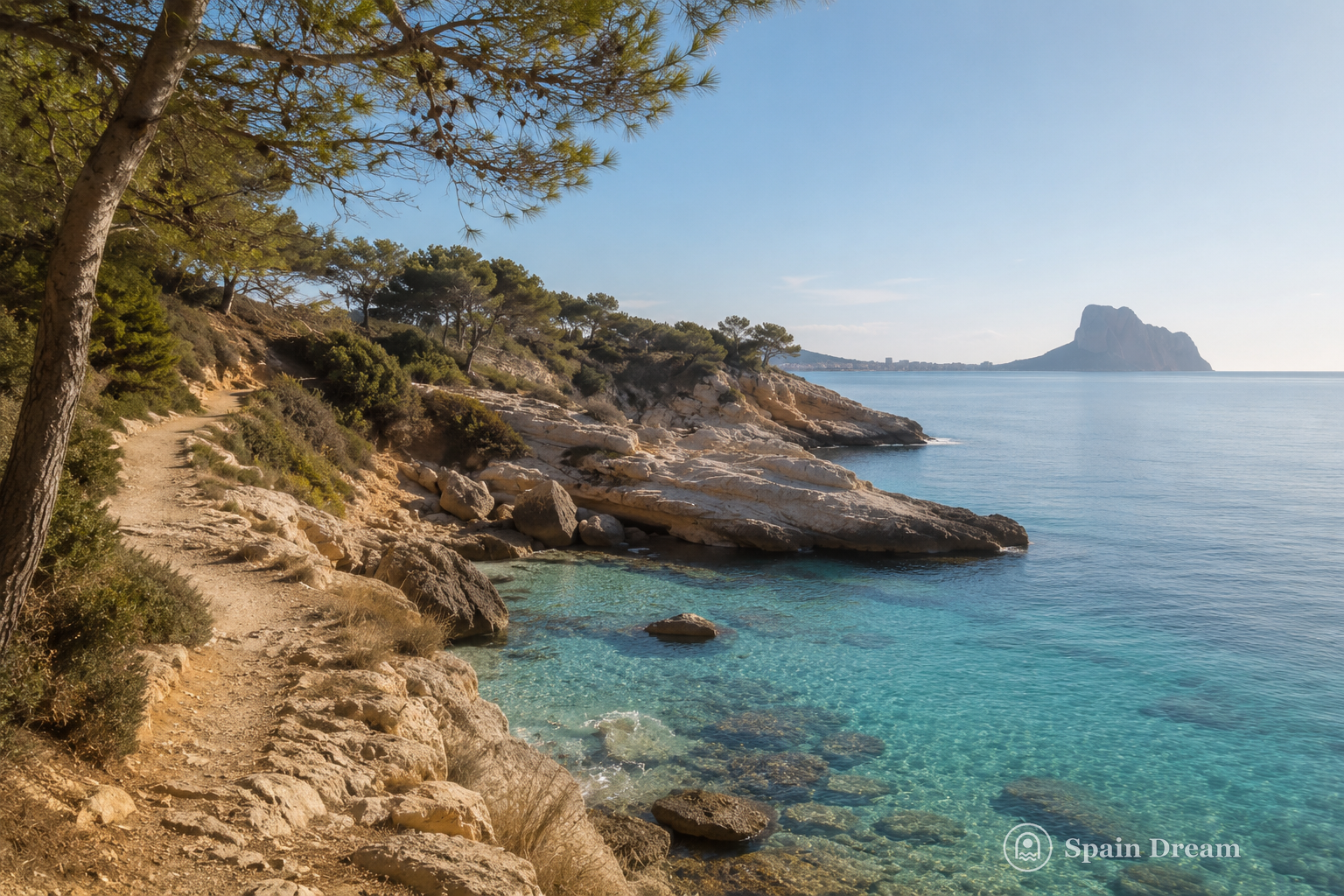 Средиземноморское побережье Бенисы с Cala Baladrar, прозрачной водой, галечным берегом, соснами и скалами