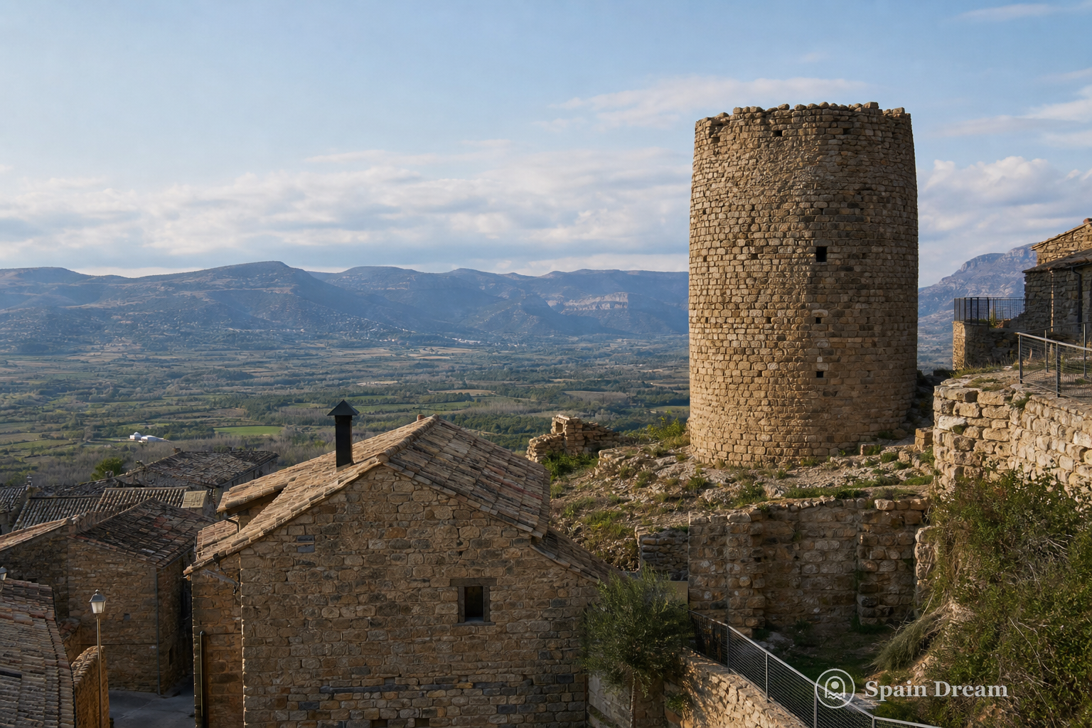 Круглая башня Torre del Moro среди домов Толориу