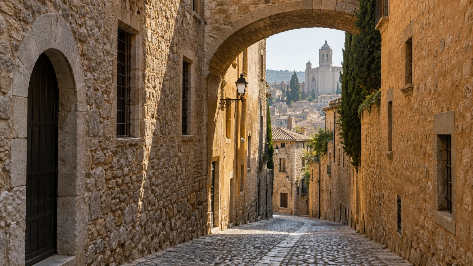 Каменная средневековая улица Call de Girona с аркой и тёплыми фасадами