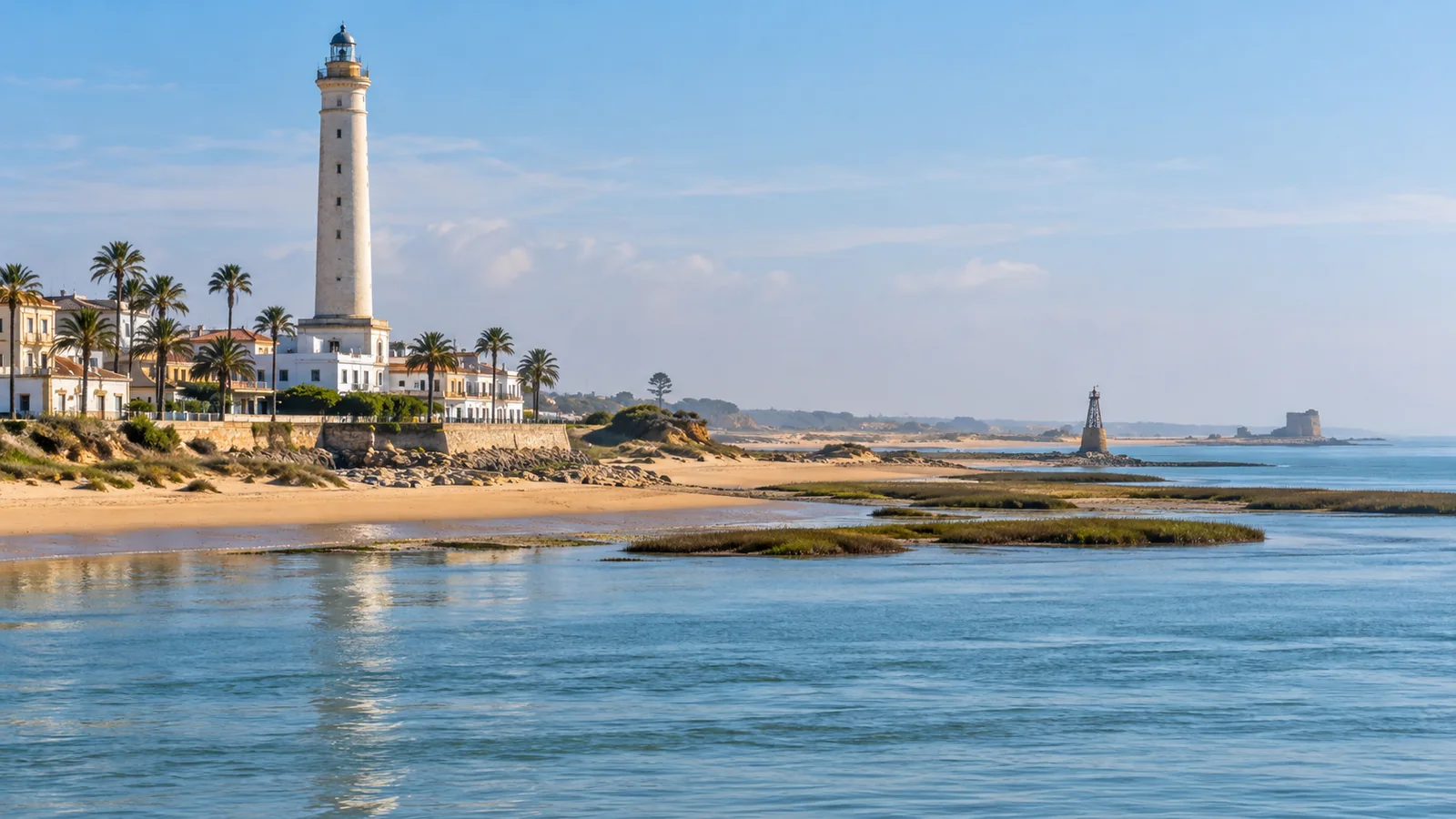 Белый маяк Чипионы возвышается над берегом и водами устья Гвадалквивира