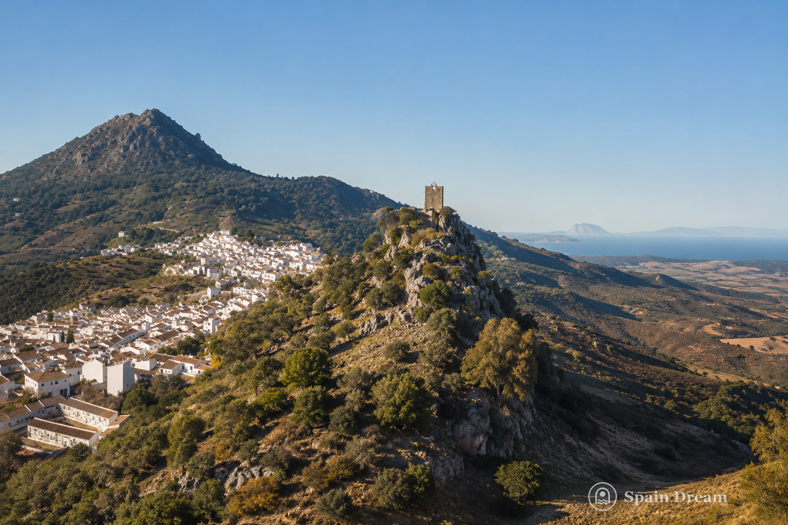 Белые дома Гаусина под Castillo del Águila с видом на долину Хеналь и горы Серрания-де-Ронда