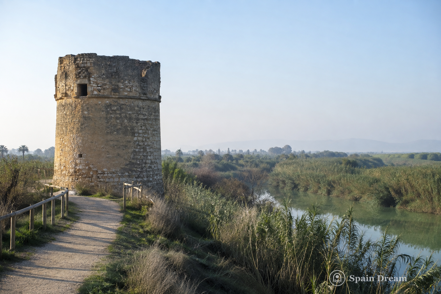 Круглая башня Torre de Guaita у зелёной заводи реки Вака