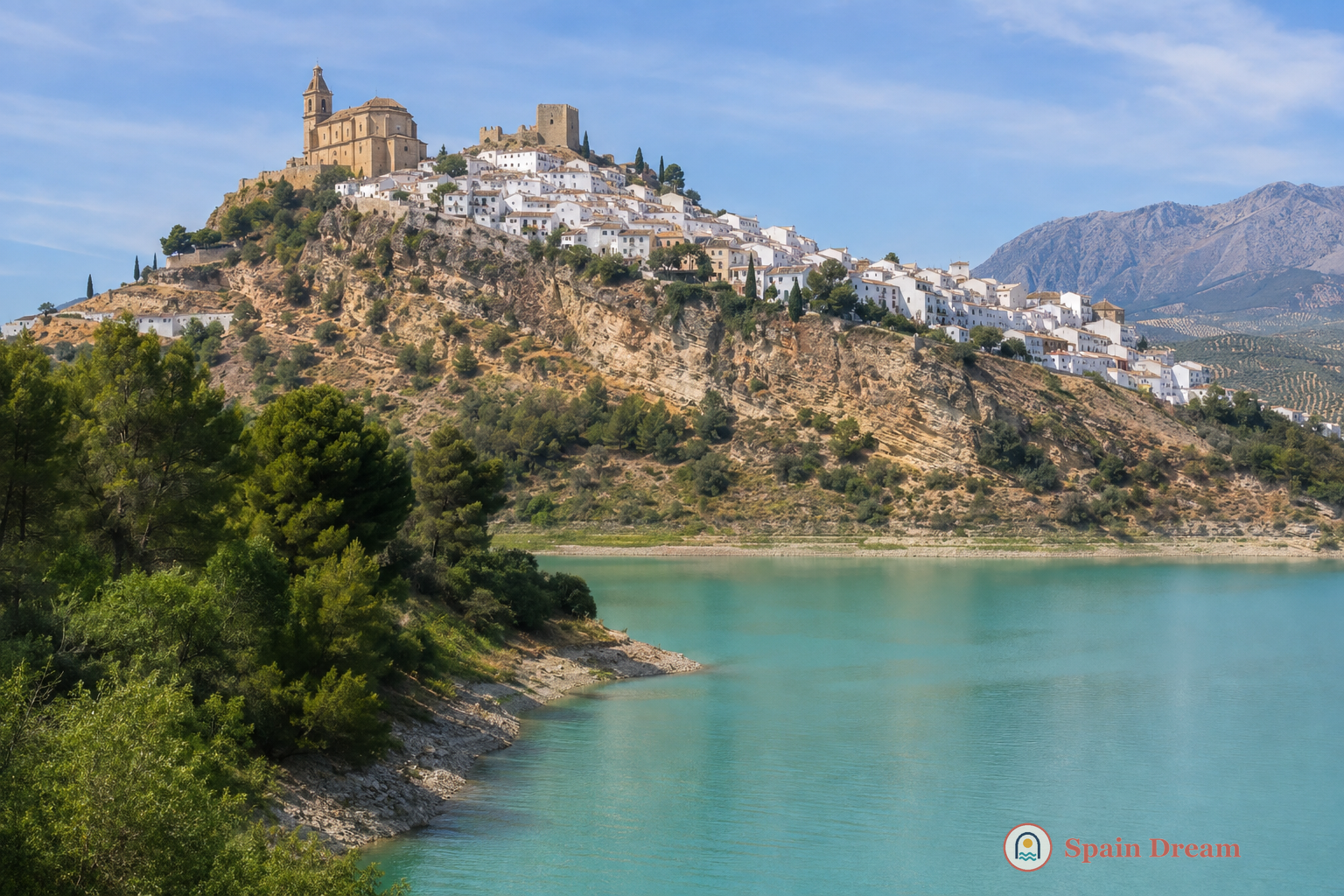 Белый Иснахар на холме над водохранилищем с Castillo Hisn-Ashar, церковью Santiago и оливковыми склонами