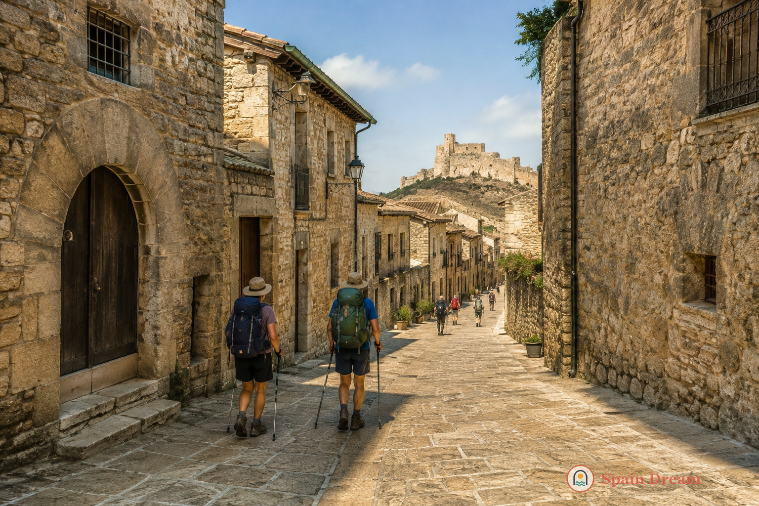Руины Castillo de Castrojeriz на вершине холма с видом на длинный город, Camino de Santiago и поля Бургоса