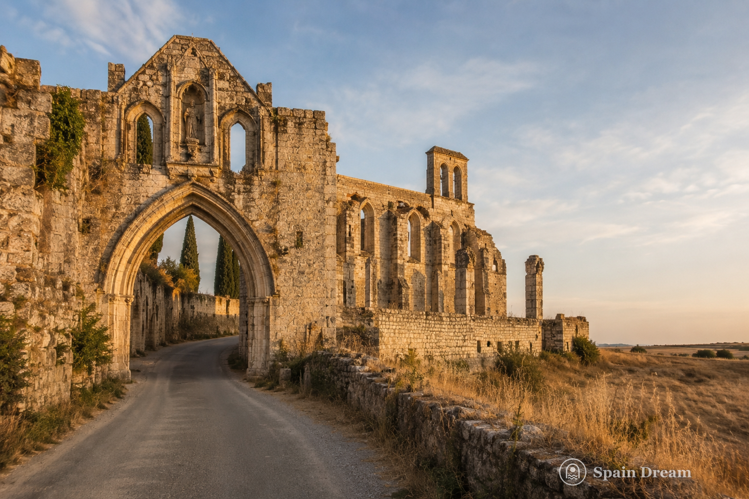 Руины Hospital de San Antón у Кастрохериса с готическими арками, через которые проходит Camino de Santiago среди золотистых полей