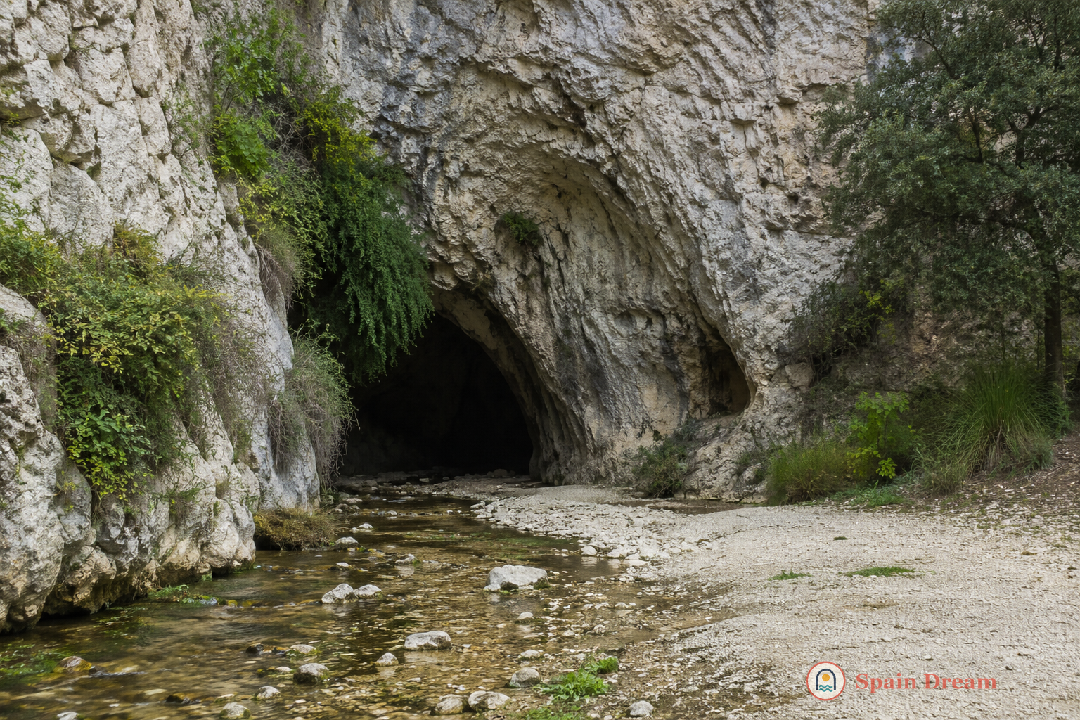 Подземная галерея Coves de l'Espluga с конгломератовыми стенами, мягким музейным освещением и археологическим маршрутом