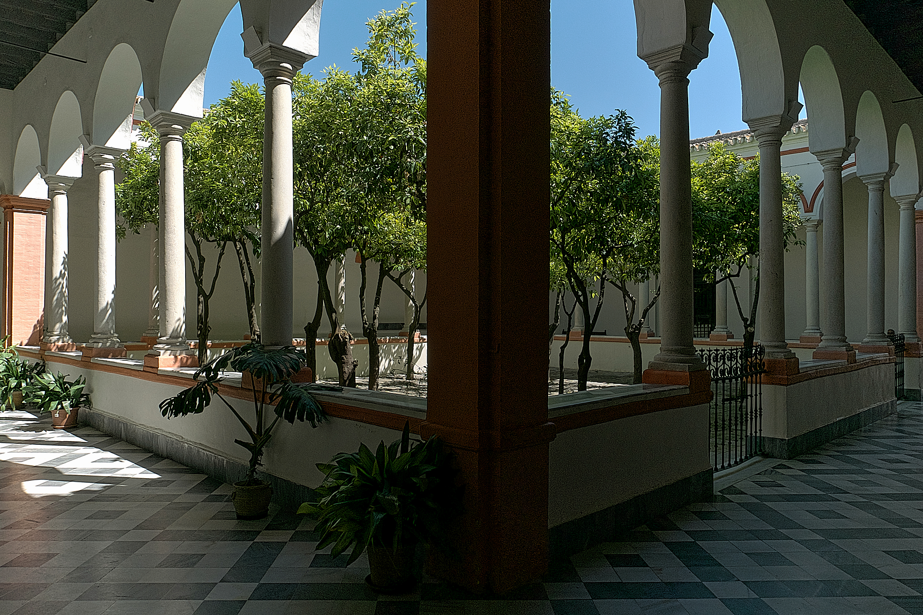 Patio de los Naranjos с аркадами и апельсиновыми деревьями в церкви Нуэстра-Сеньора-де-ла-Олива