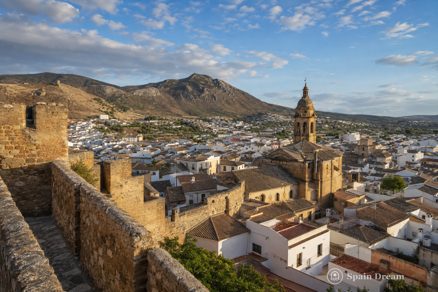 Alcazaba de Loja с средневековыми стенами, башней и панорамой долины реки Genil