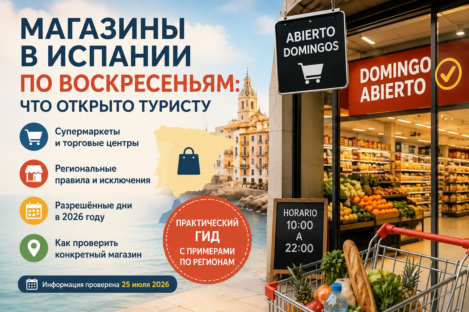 Открытые магазины на солнечной испанской улице в воскресенье