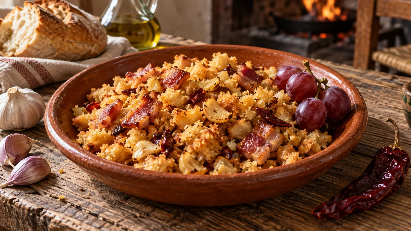 Золотистые мигас с чесноком и кусочками панчетты в глиняной тарелке