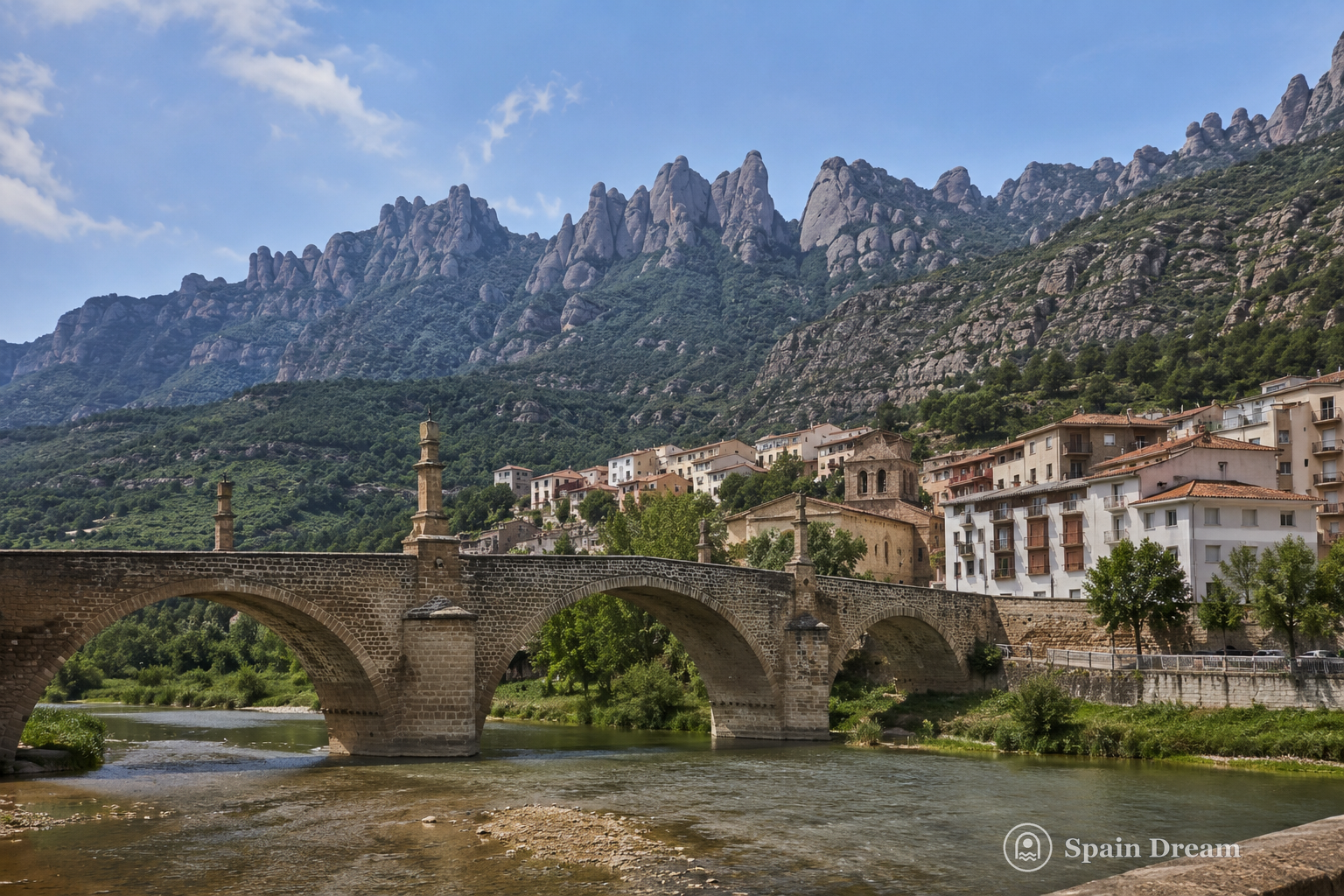 Готический Pont dels Pelegrins в Монистроль-де-Монтсеррат над рекой Льобрегат с массивом Монтсеррат на заднем плане