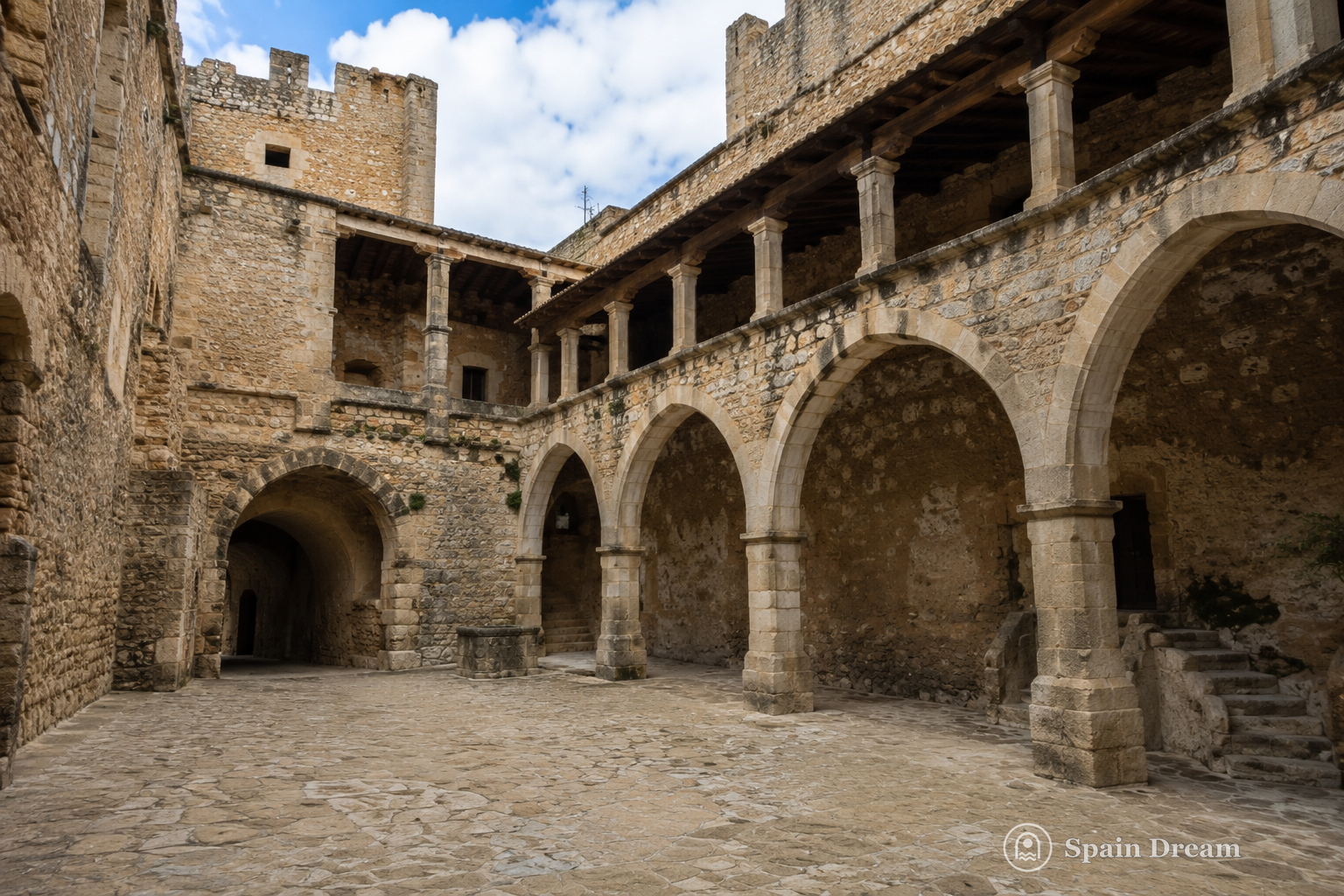 Castillo-Palacio de los Fernández de Heredia в Мора-де-Рубьелос с массивными каменными стенами, башнями и внутренним двором