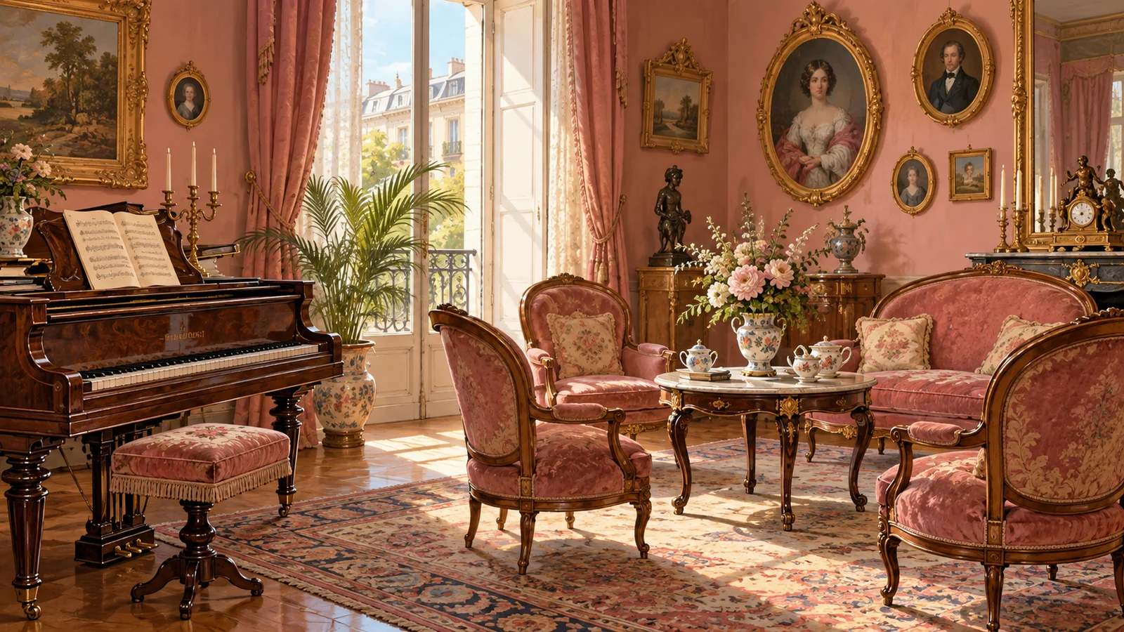 Редакционная иллюстрация салона XIX века с фортепиано, портретами и креслами для беседы