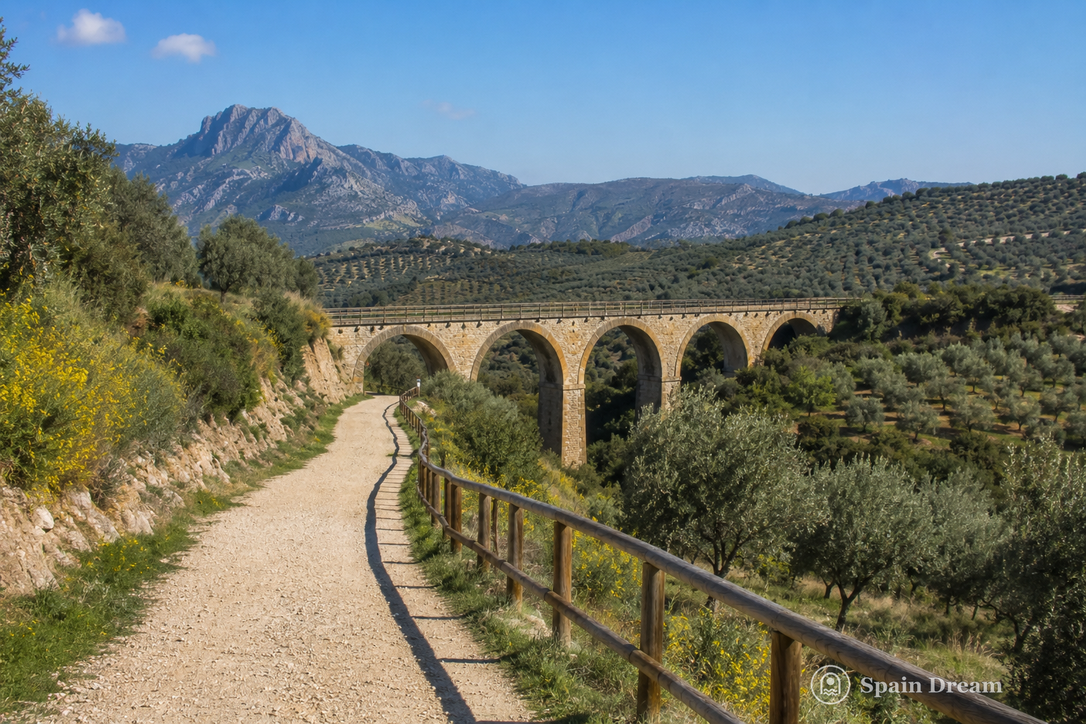 Зелёная дорога Vía Verde de la Sierra у Ольверы с виадуком, оливковыми деревьями и горным пейзажем