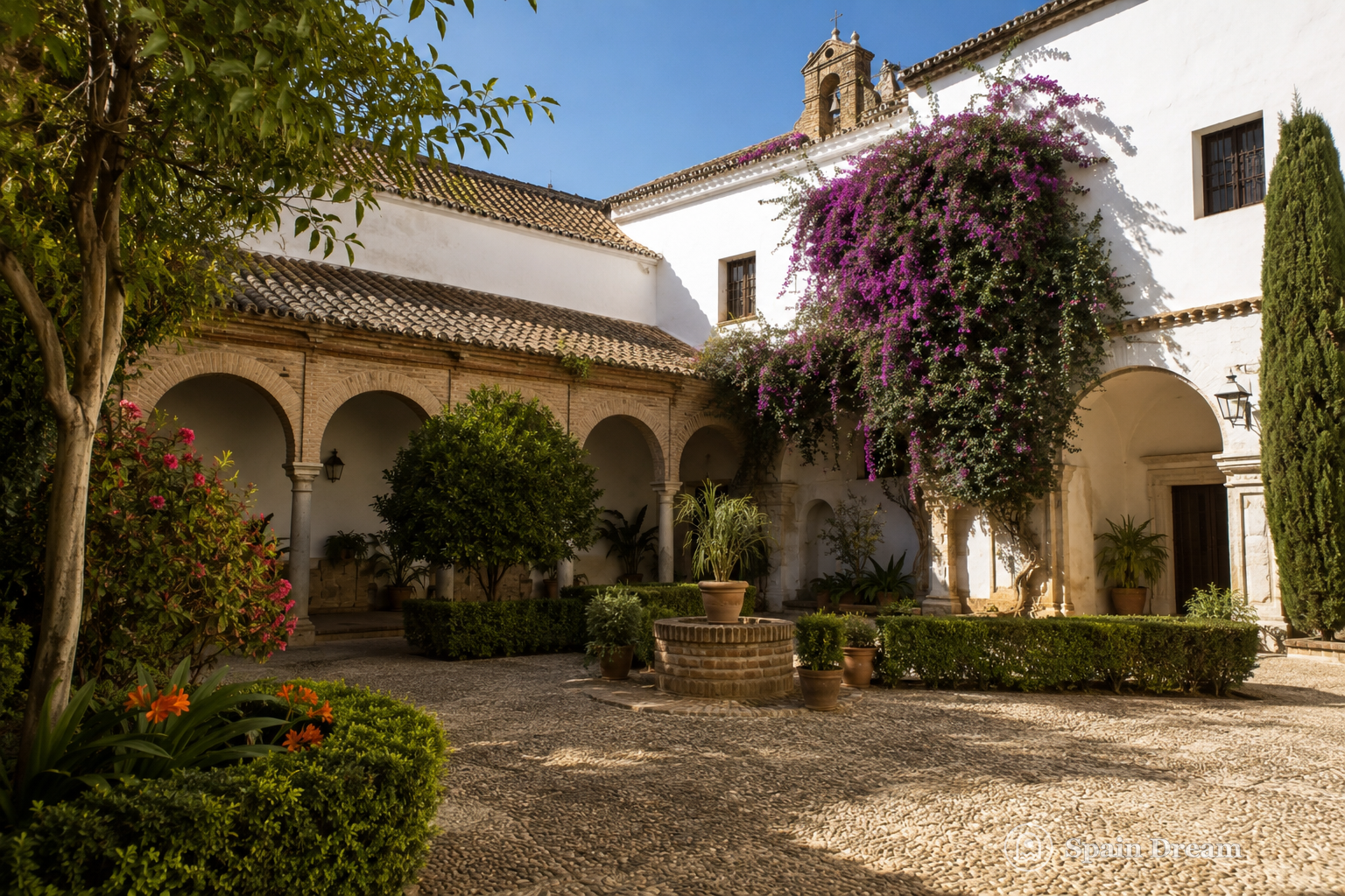 Монастырь Santa María de La Rábida с белыми стенами, кирпичными арками внутреннего двора и средиземноморскими растениями