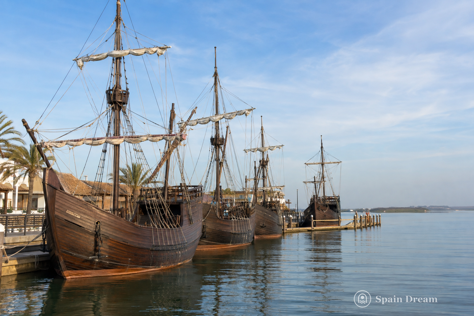 Полноразмерные исторические реплики Niña, Pinta и Santa María у причала Muelle de las Carabelas в La Rábida