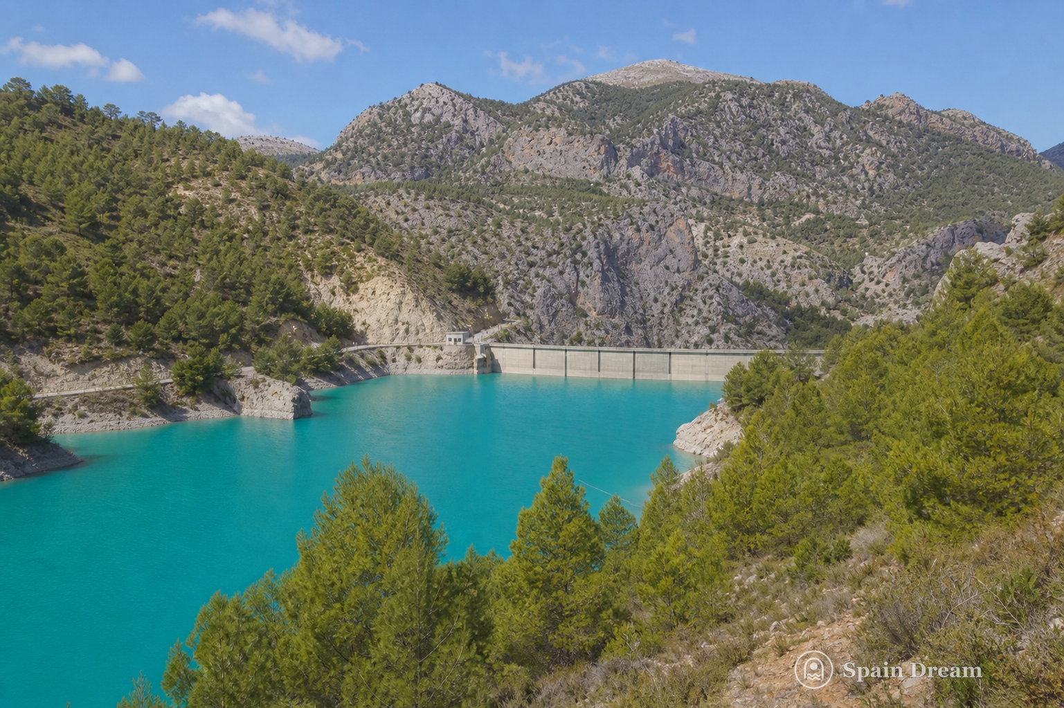 Бирюзовая вода и сосновые берега водохранилища Ла-Болера