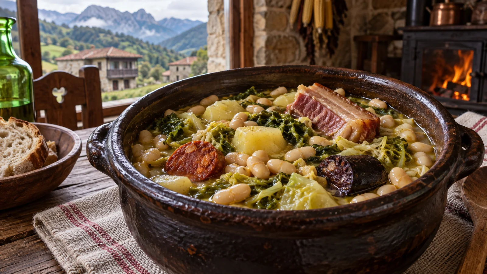 Поте астуриано с белой фасолью, картофелем, капустой и копчёным мясом в глиняной кастрюле