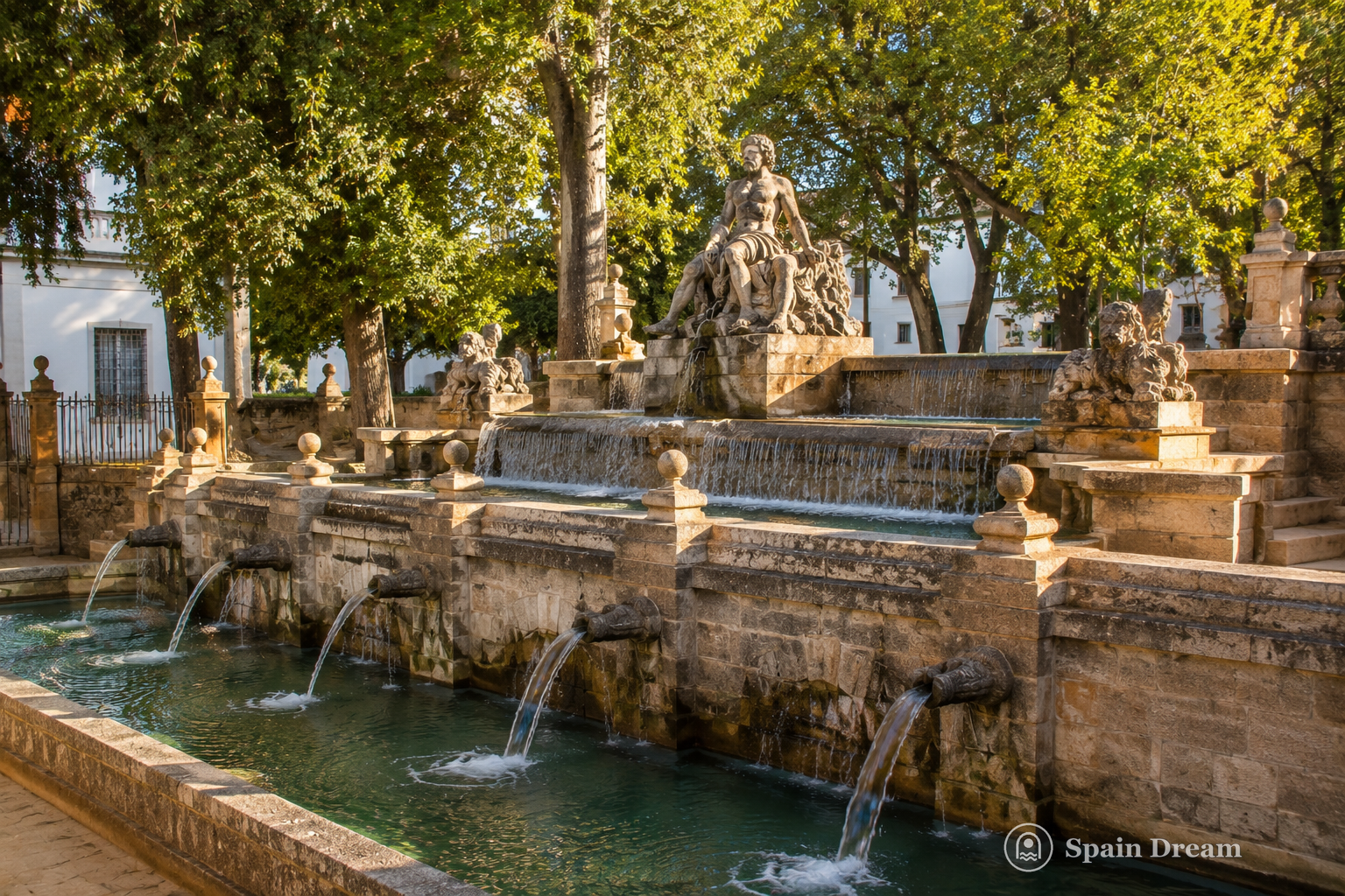 Fuente del Rey в Прьего-де-Кордоба с каменными бассейнами, многочисленными струями воды, скульптурами и деревьями