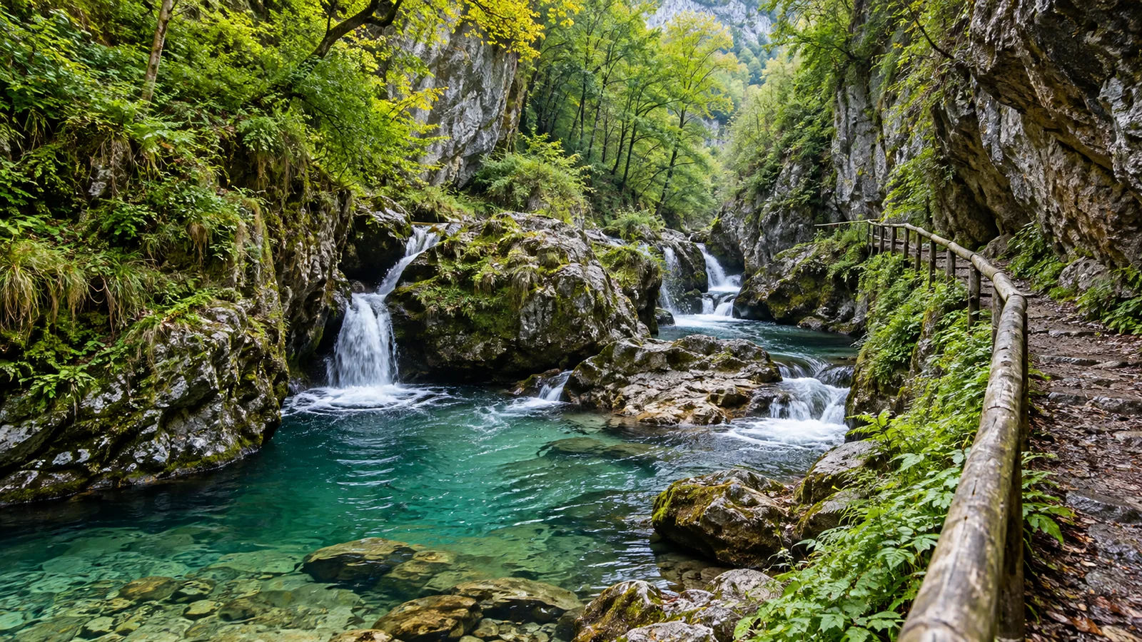 Пешеходная дорожка у реки Альба среди водопадов и леса в ущелье Астурии