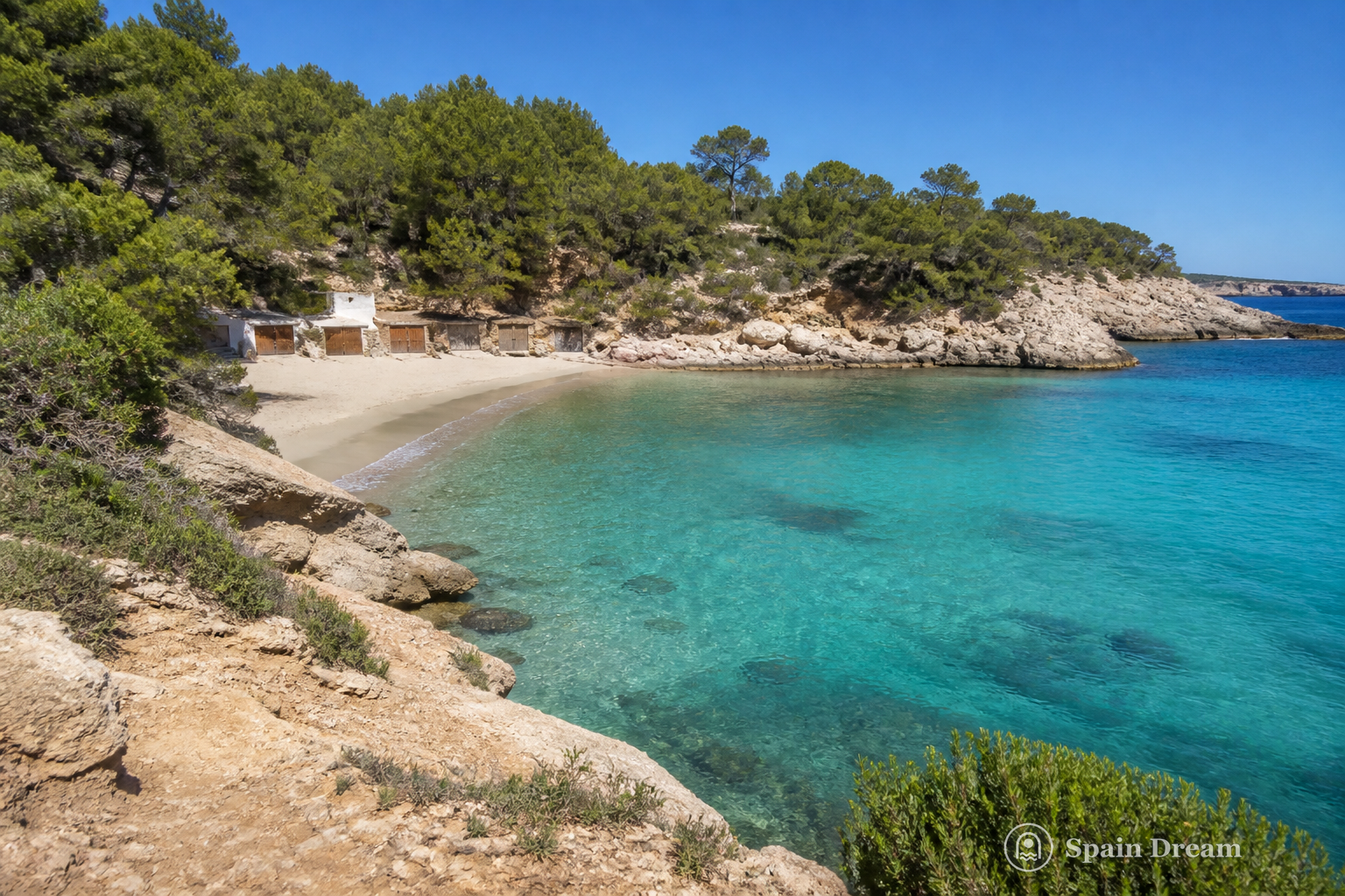 Бирюзовая бухта Cala Saladeta среди сосен и скал