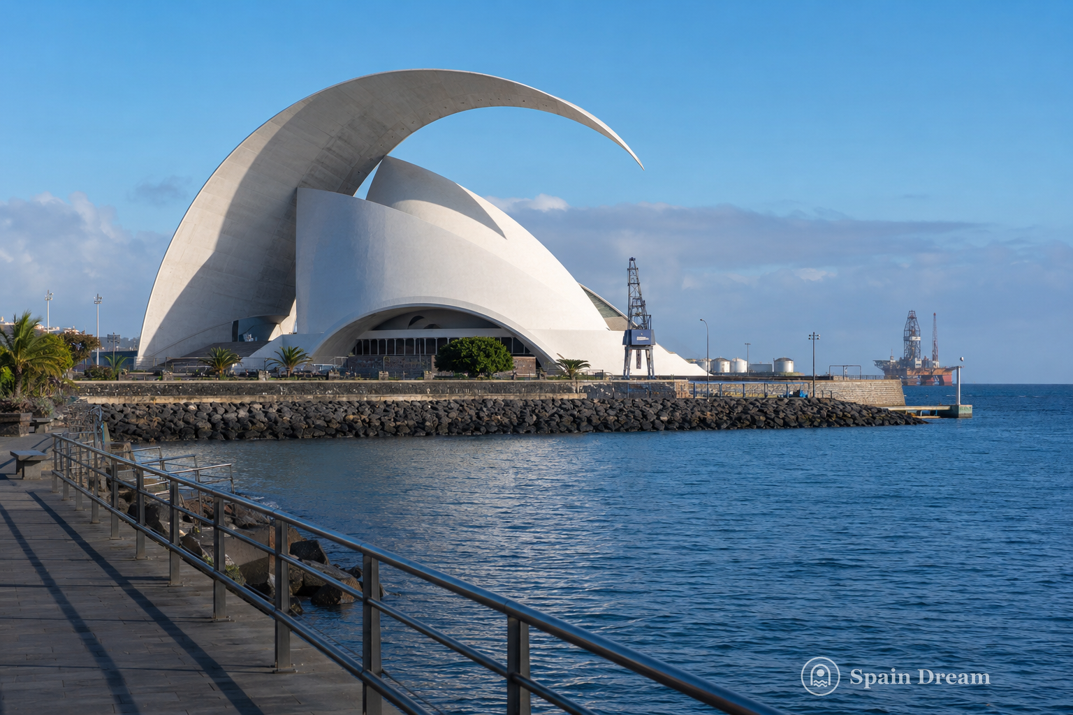 Панорама Санта-Крус-де-Тенерифе с портом, Auditorio de Tenerife и горами массива Анага