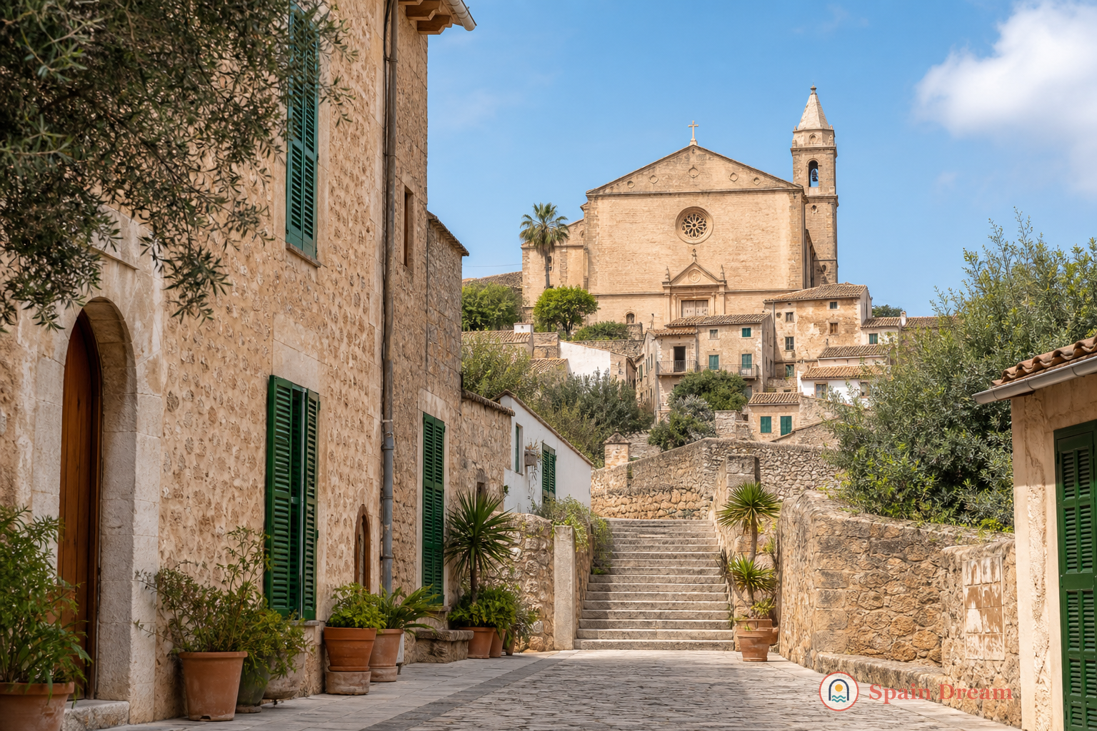 Каменные улицы и церковь Santa Margalida на Майорке
