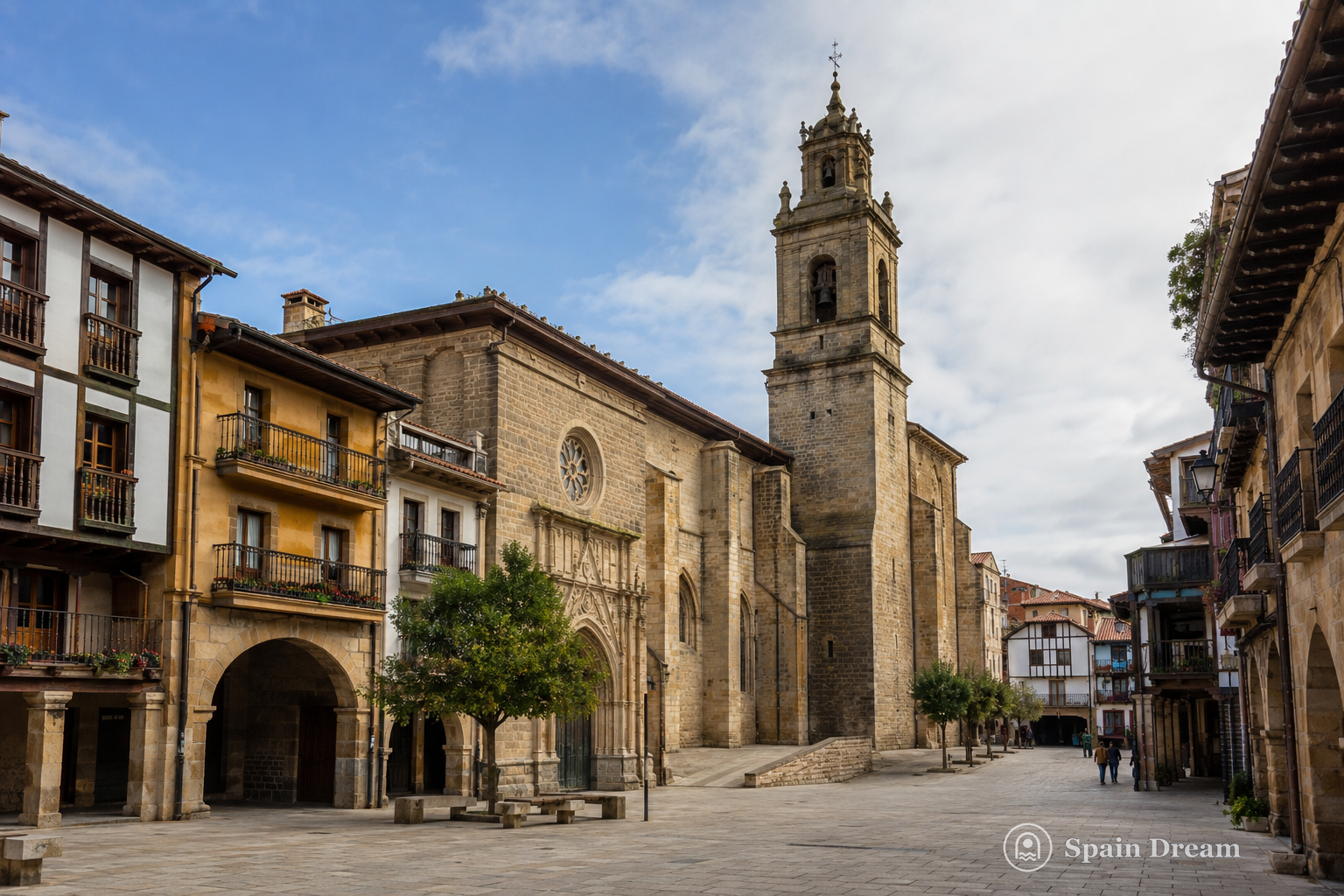 Исторический центр Сарауса с каменной церковью Santa María la Real, небольшой площадью и традиционными баскскими балконами