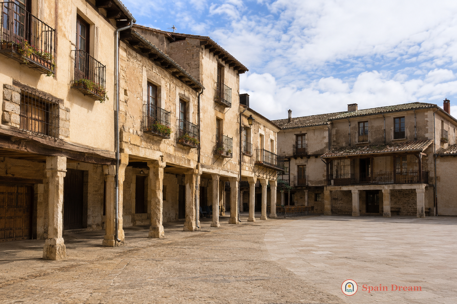 Plaza Mayor Сепульведы с аркадами, каменными фасадами и старыми балконами