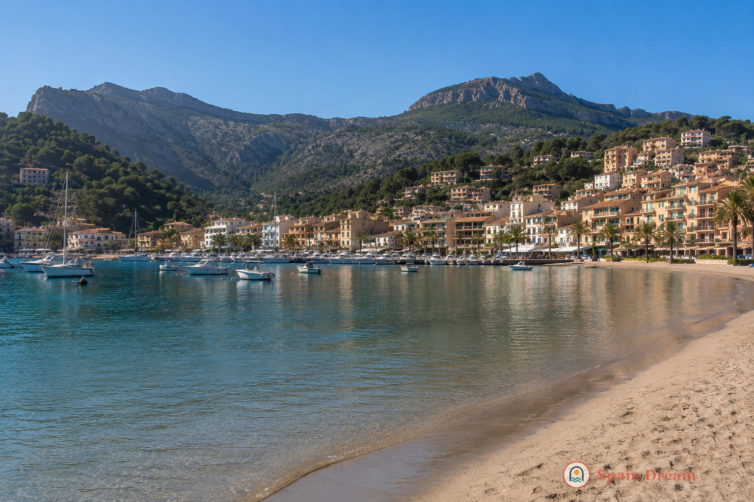 Port de Sóller с круглой бухтой, лодками, историческими домами на набережной и горами вокруг