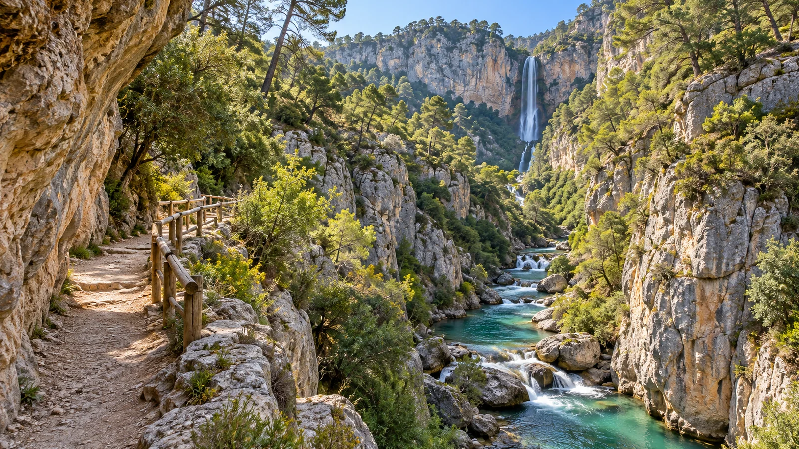 Иллюстрация ущелья Cerrada del Utrero и водопада Линарехос в Сьерра-де-Касорла