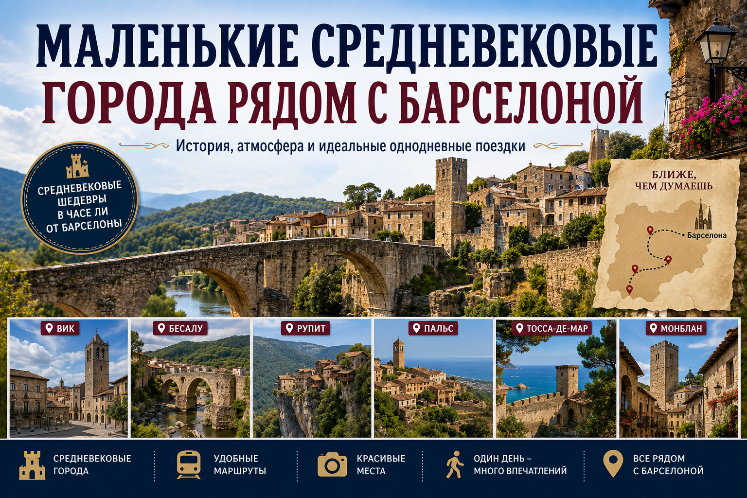 Каменные улицы средневекового каталонского города недалеко от Барселоны