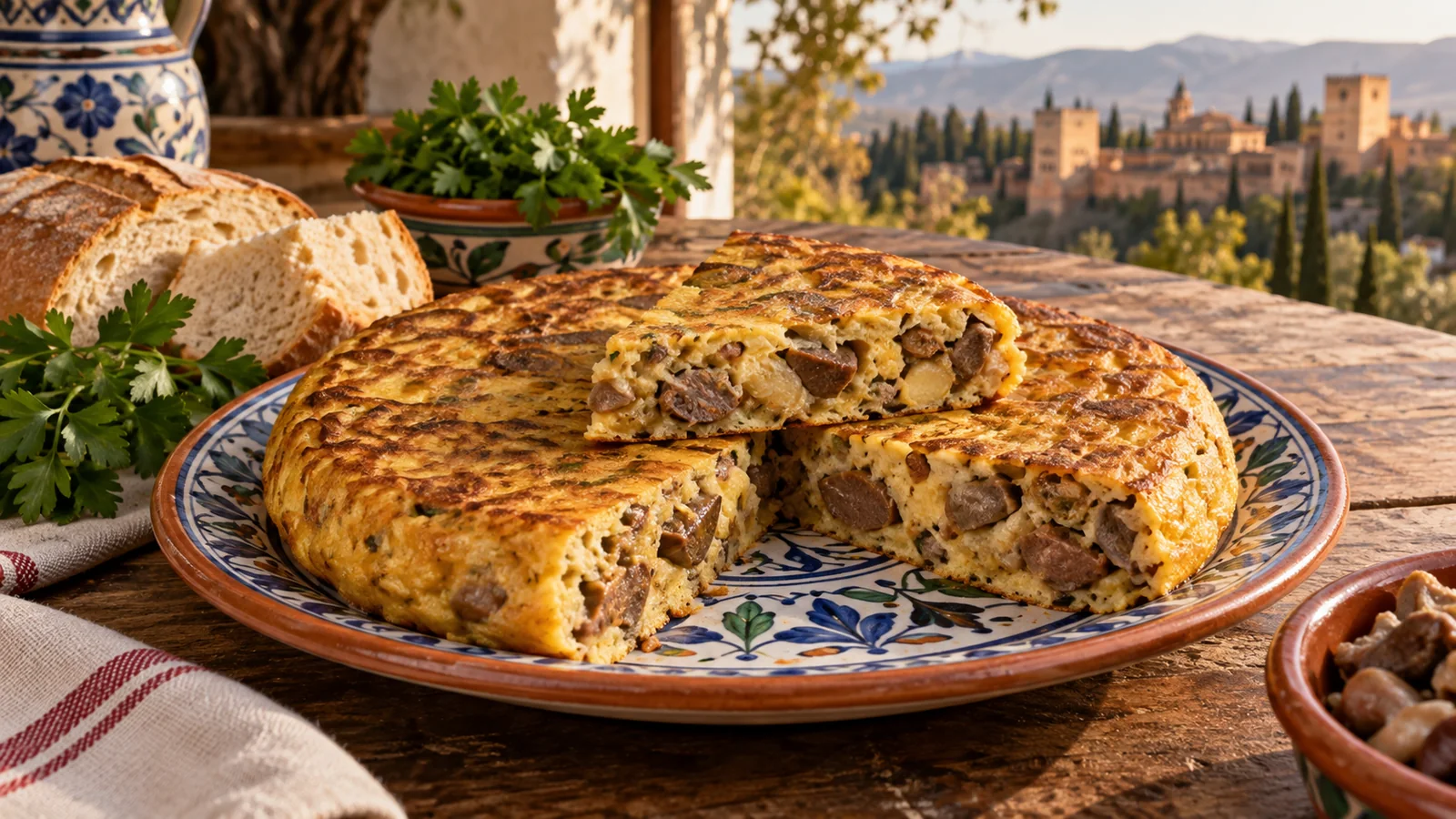 Золотистая тортилья де Сакромонте с кусочками мяса на керамической тарелке