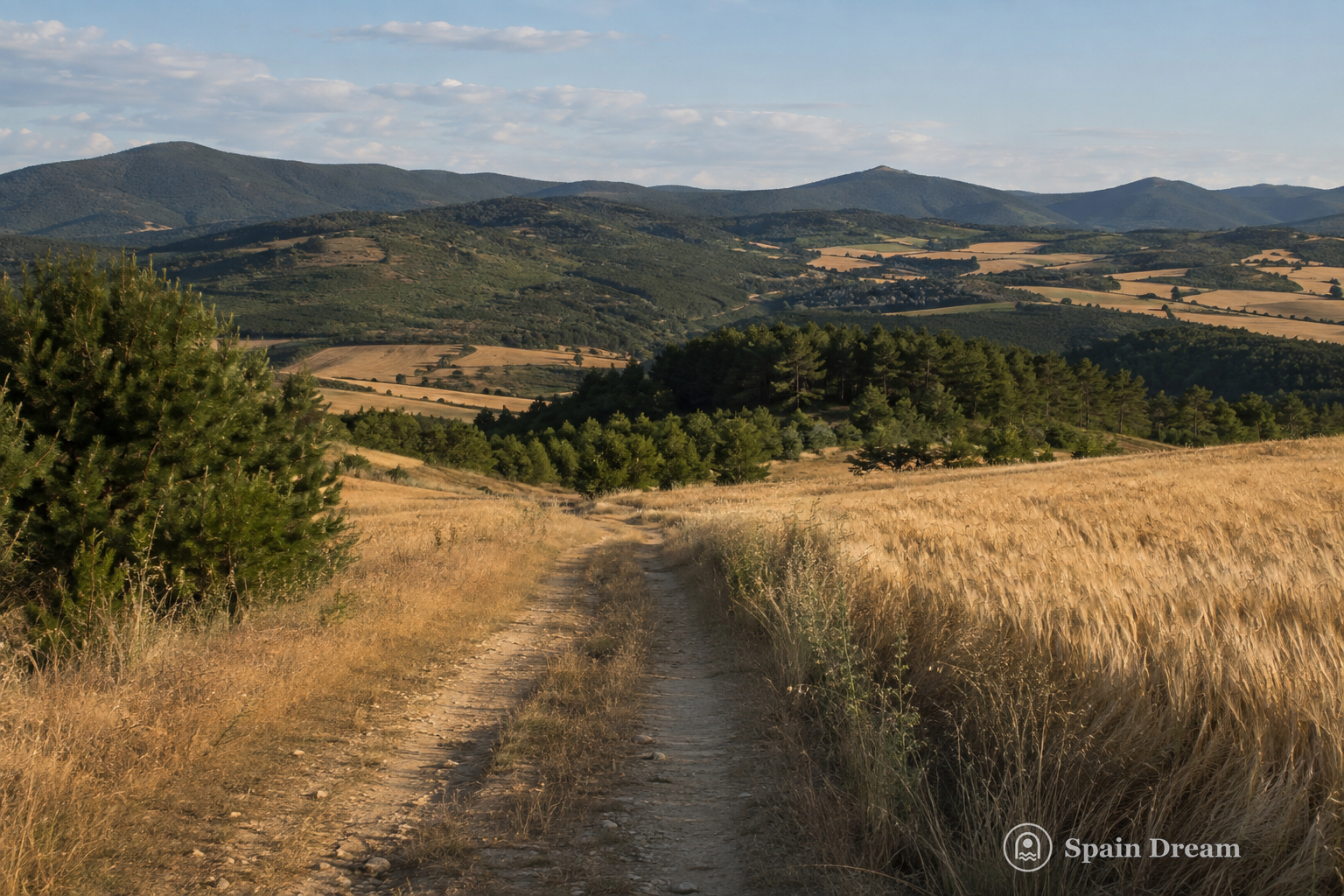 Пешеходная дорога между полями и сосновыми холмами Валье-де-Эгуэс