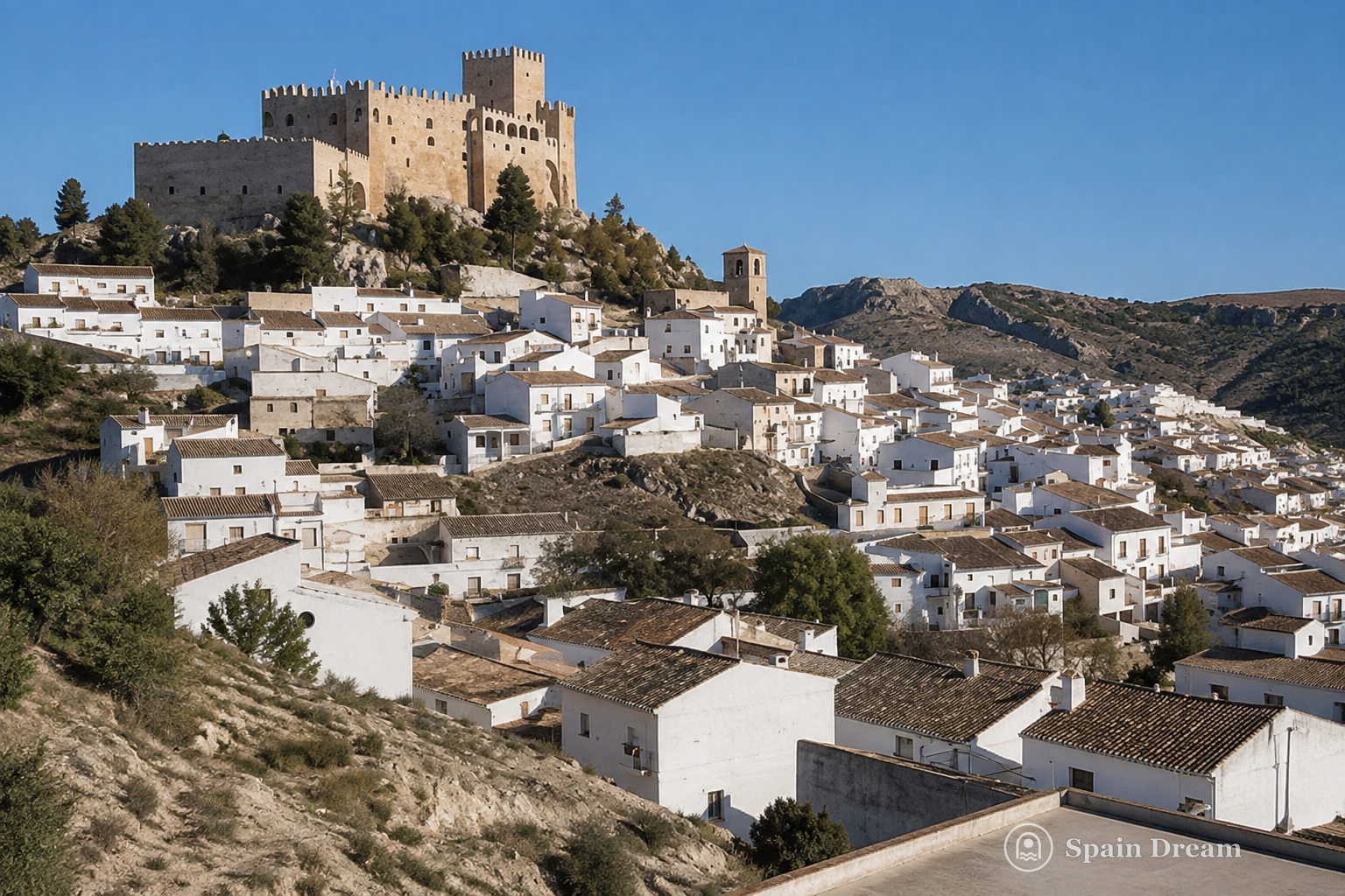 Белые дома Велес-Бланко под ренессансным Castillo de los Fajardo и известняковыми горами Лос-Велес